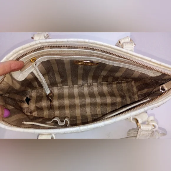 Brahmin Snowball Raffia And Croc Embossed Leather Crossbody Satchel Purse - Picture 8 of 9